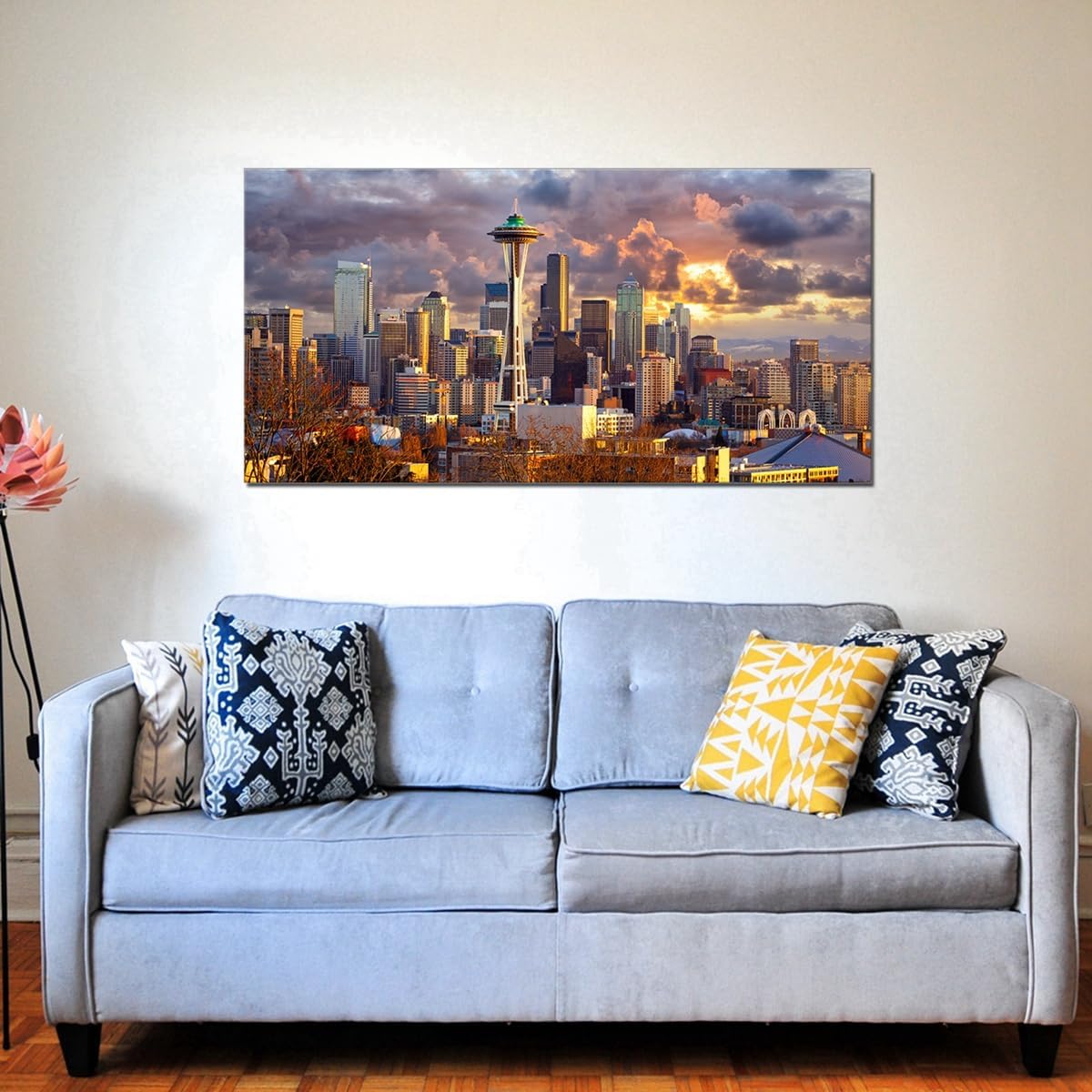 JXBYJP Large Seattle Skyline Wall Art Sunset Landscape Artwork Bedroom Living Room City Canvas Print Building Metropolis for Home Office Cityscape Wall Decor Frame 20x40inch