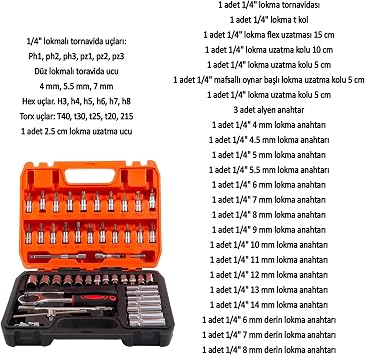 Lokma Anahtar Takımı 53 Parça Uzatma Kolu Mafsallı 1/4 Yıldız Hex Tork Düz Set Bits Uç Allen