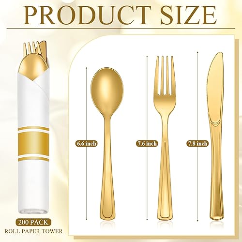 Vista 2 de Mifoci Juego de 200 cubiertos de plástico dorado preenrollados, juego de cubiertos desechables envueltos con 200 servilletas, 200 tenedores, 200