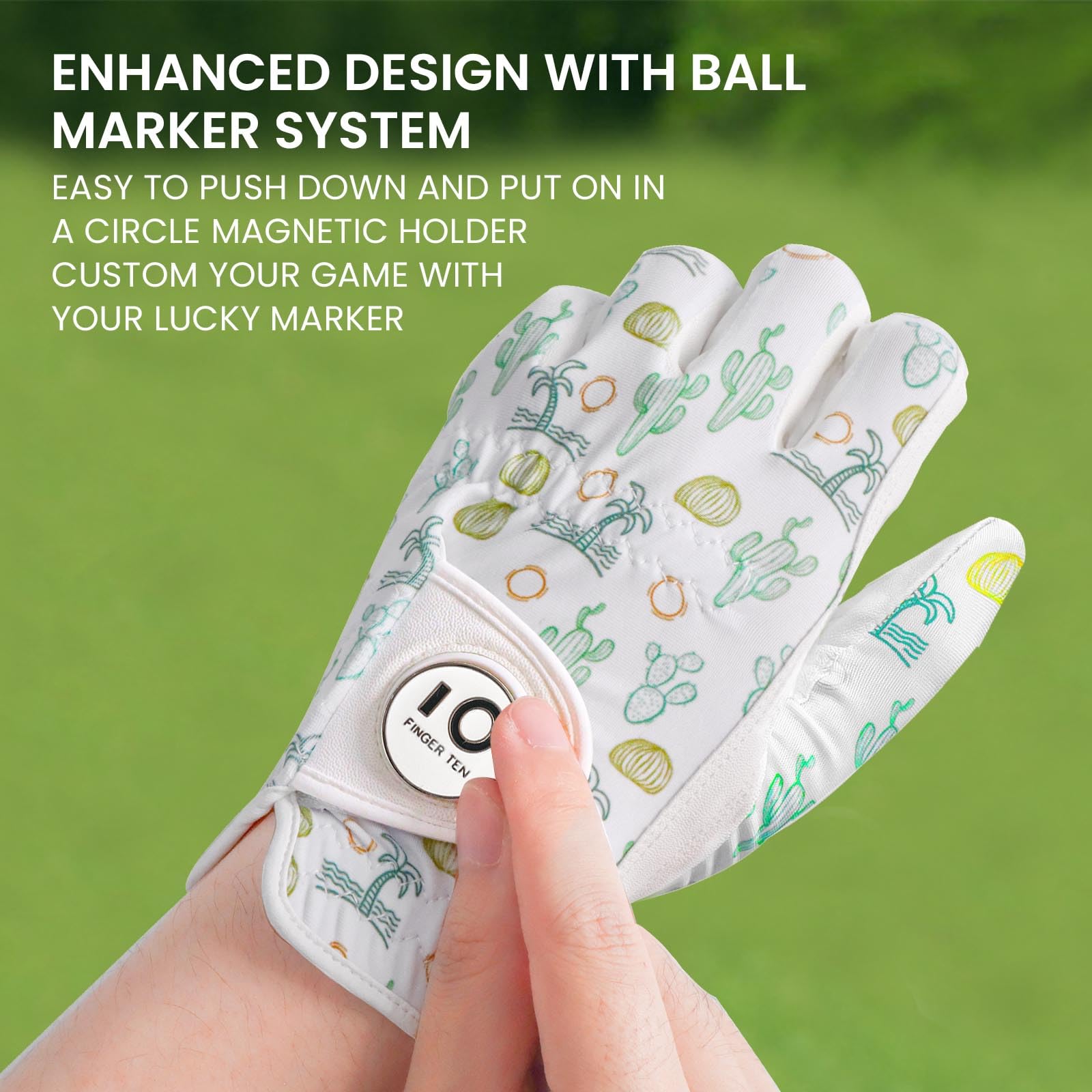 FINGER TEN Golf Gloves Men Left Hand Right Leather With Ball Marker Printed Grip 2 Pack - Image 3
