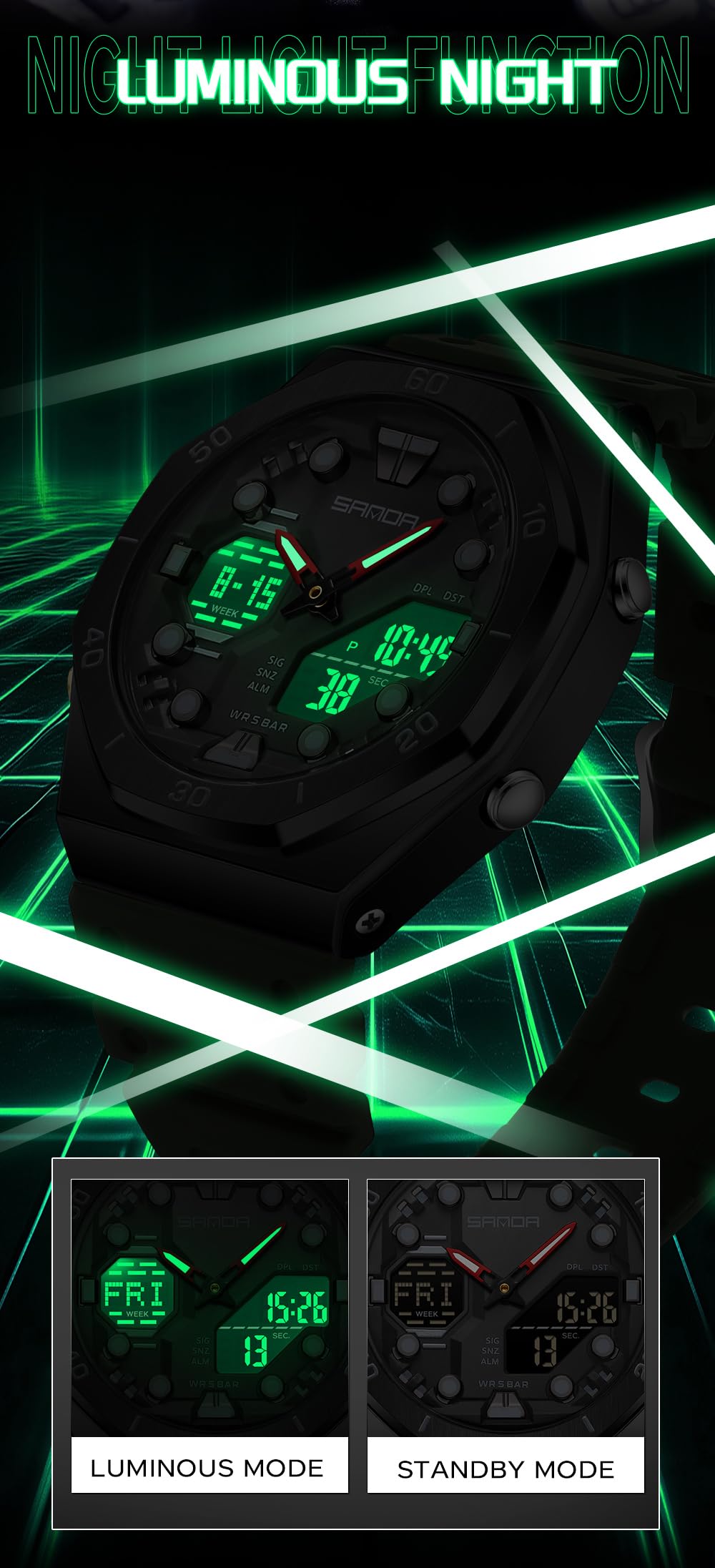Gosasa Orologio sportivo da uomo, con doppio display, impermeabile, 5 atm, analogico, digitale, con luce notturna, cronometro, conto alla rovescia, sveglia, ora mondiale, cinturino in TPU