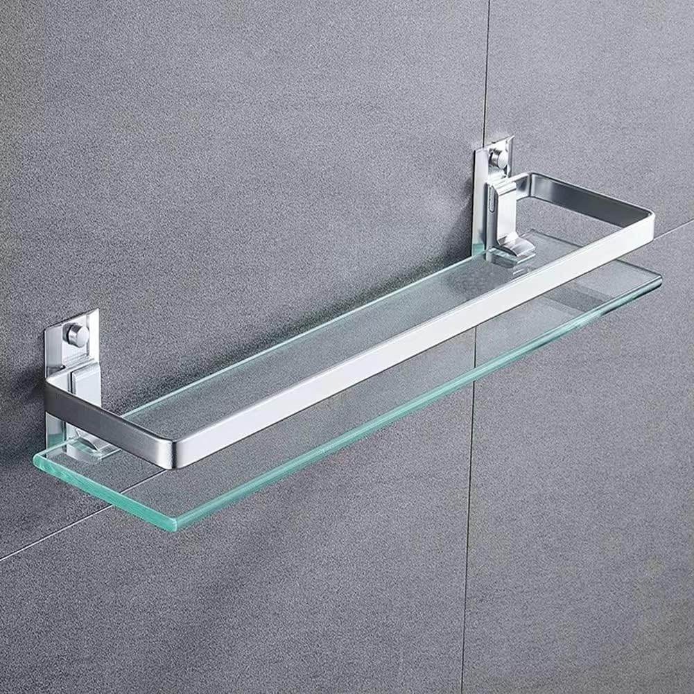 Estante de baño de vidrio templado rectangular de aluminio extra grueso color plateado arenado, montaje en pared, 25 cm