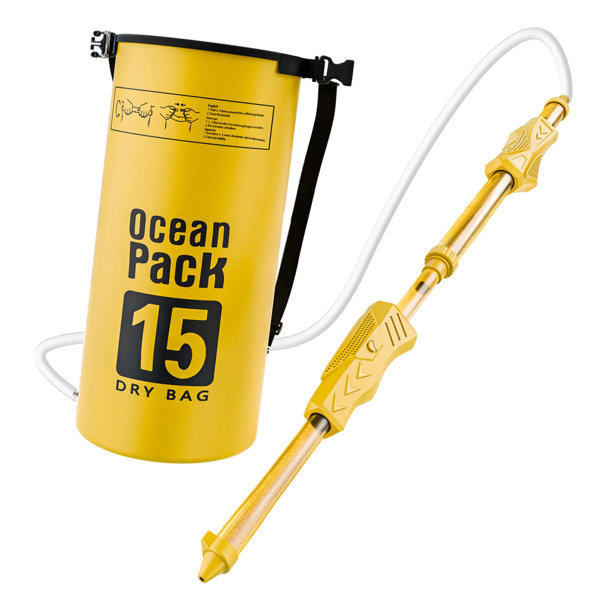 Pistolas de agua para niños, pistola de agua de largo alcance con tanque de mochila (15 L), color amarillo, PVC, juguetes de verano para playa, piscina, patio y exterior. Pistola de con tanq