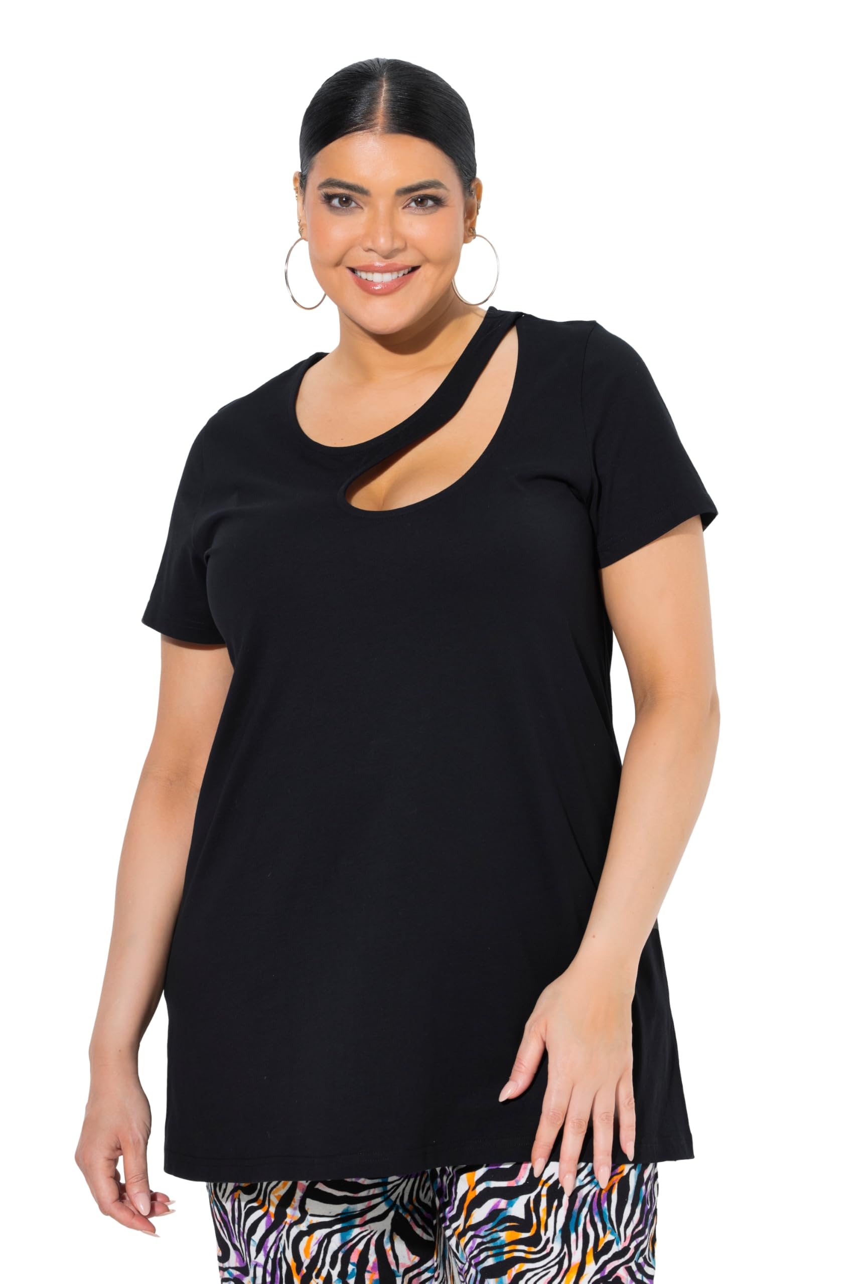 Ulla Popken Damen große Größen Übergrößen Plus Size Longshirt, Cut-Out, A-Linie, Rundhals, Halbarm 849696
