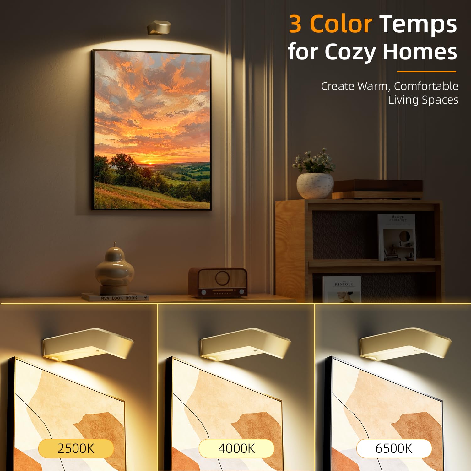 AIFEI Lot de 3 lampes murales pour tableau mural, 4000 mAh, à piles rechargeables avec télécommande, intensité variable, 3 temps de couleur et 8 RVB, éclairage artistique sans fil pour peintures