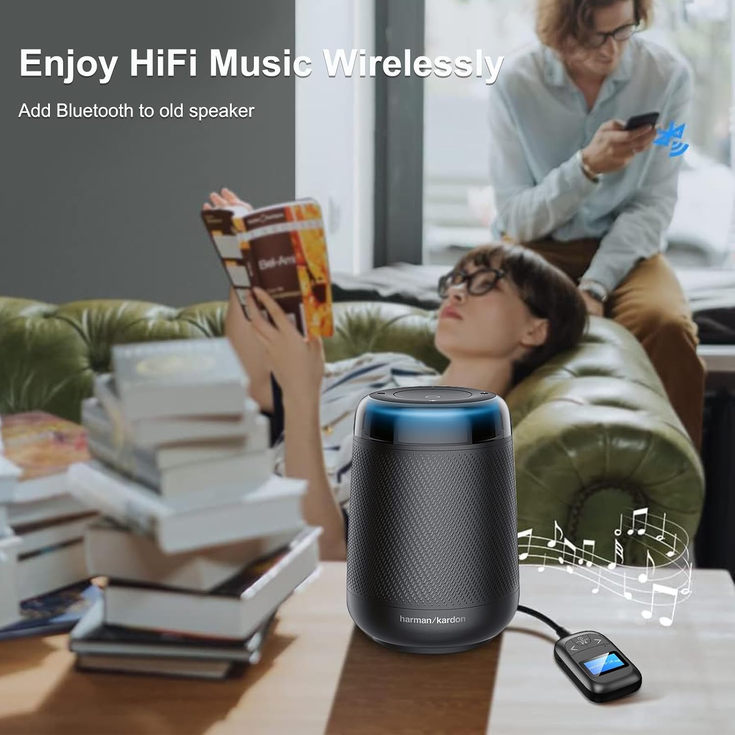 A person enjoying music wirelessly by connecting a smartphone to an old speaker via the Wodgreat T14 Bluetooth adapter in RX mode.