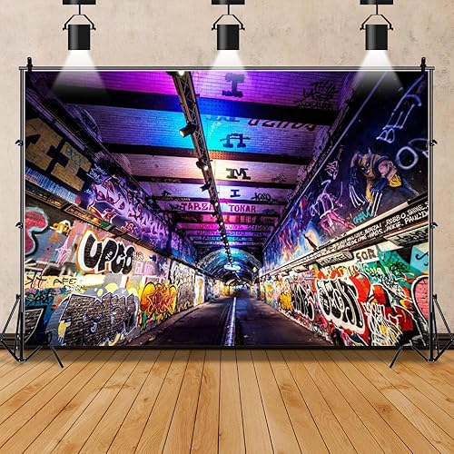 Miniatura 2 de DASHAN Telón de fondo de hip hop para decoración de fiesta temática musical, 7 x 5 pies, colorido graffiti arte para fotografía, hip hop funk, fondo