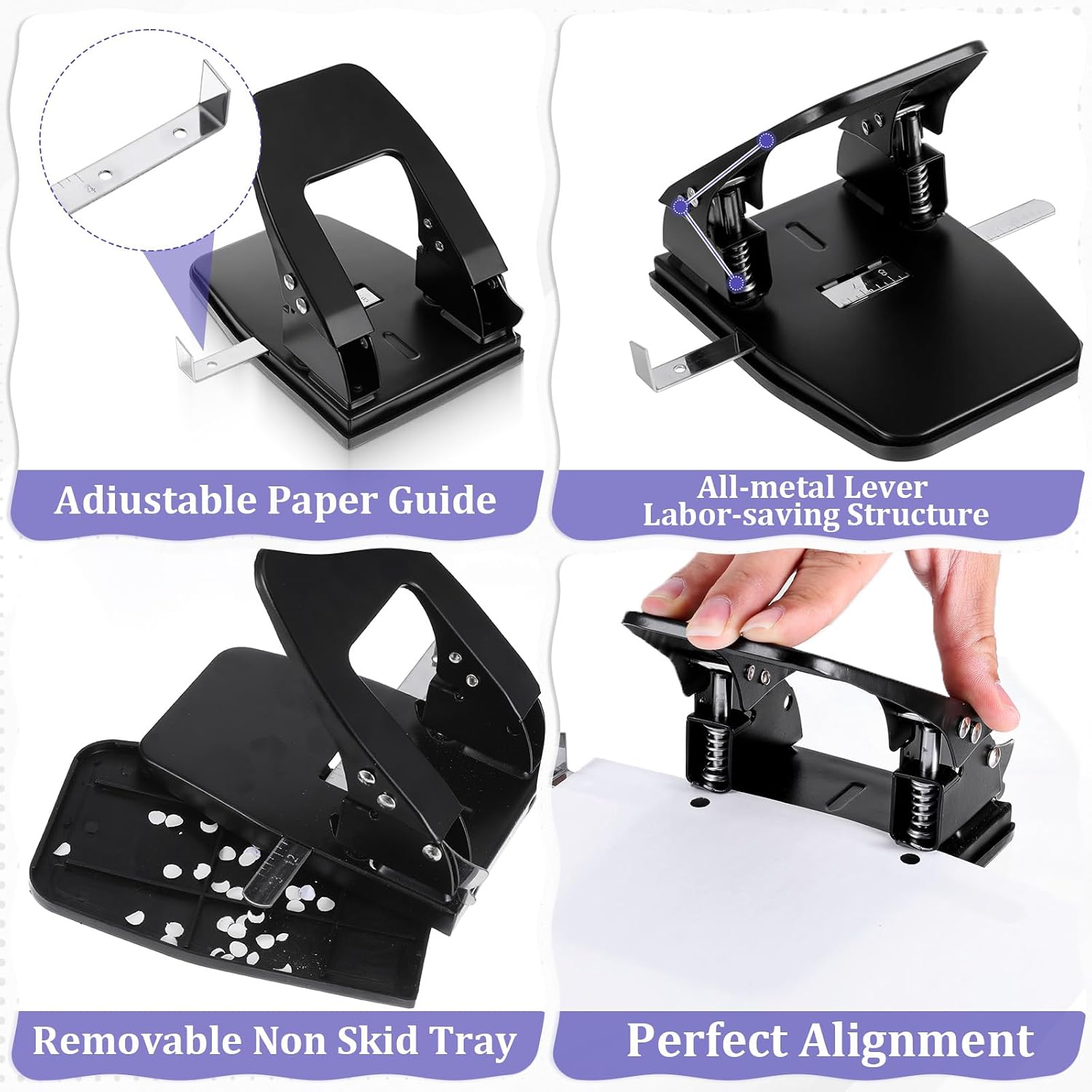 2 Hole Punch with 150 Paper Fasteners, Paper Two-Hole Puncher | Heavy Duty Professional Two Hole Punch for Papers File Folder, 30 Sheets Capacity, Padded Handle, Black