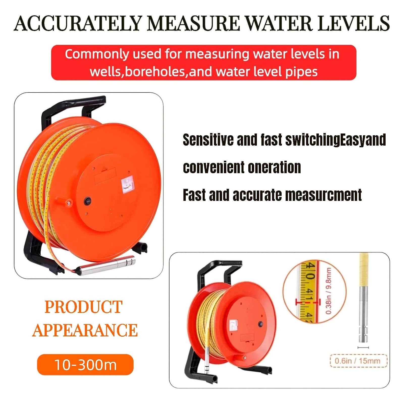 Monitor de nivel de agua subterránea, medidor de nivel de agua con cinta de acero y sonda, medidor de agua de pozo para pozos profundos y perforaciones, herramienta de profundidad de agua con señal
