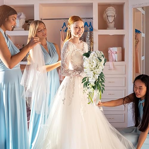 Miniatura 4 de ChezMax Ramo de novia de boda, rosas artificiales para novia con cintas, ramo de flores falsas de dama de honor de 11.8 pulgadas, ramo en cascada