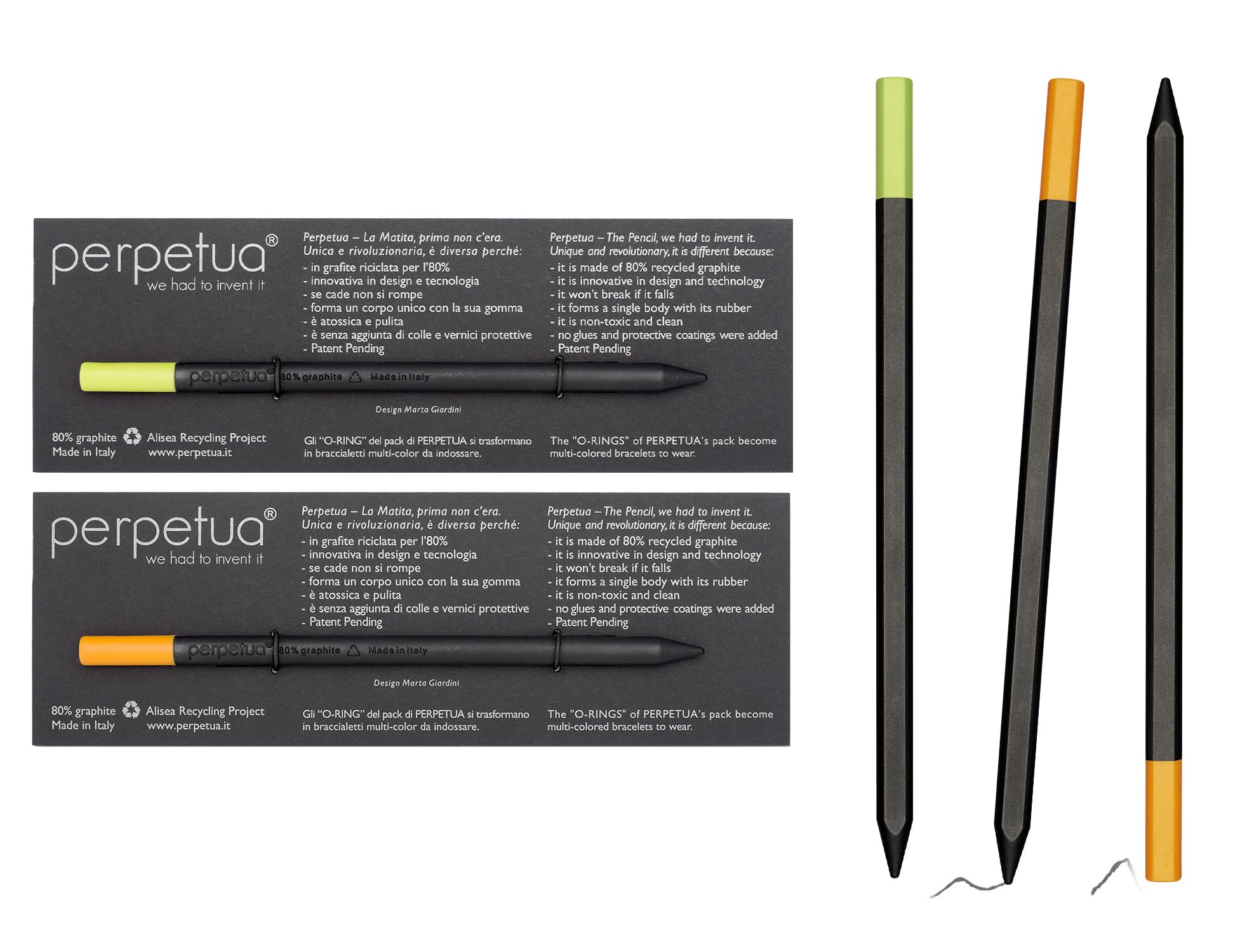 Perpetua Juego de 2 lápices naranja + verde lima – Lapis HB de grafito reciclado con goma incorporada, lápiz ecológico casi infinito de colección para dibujo profesional y artístico