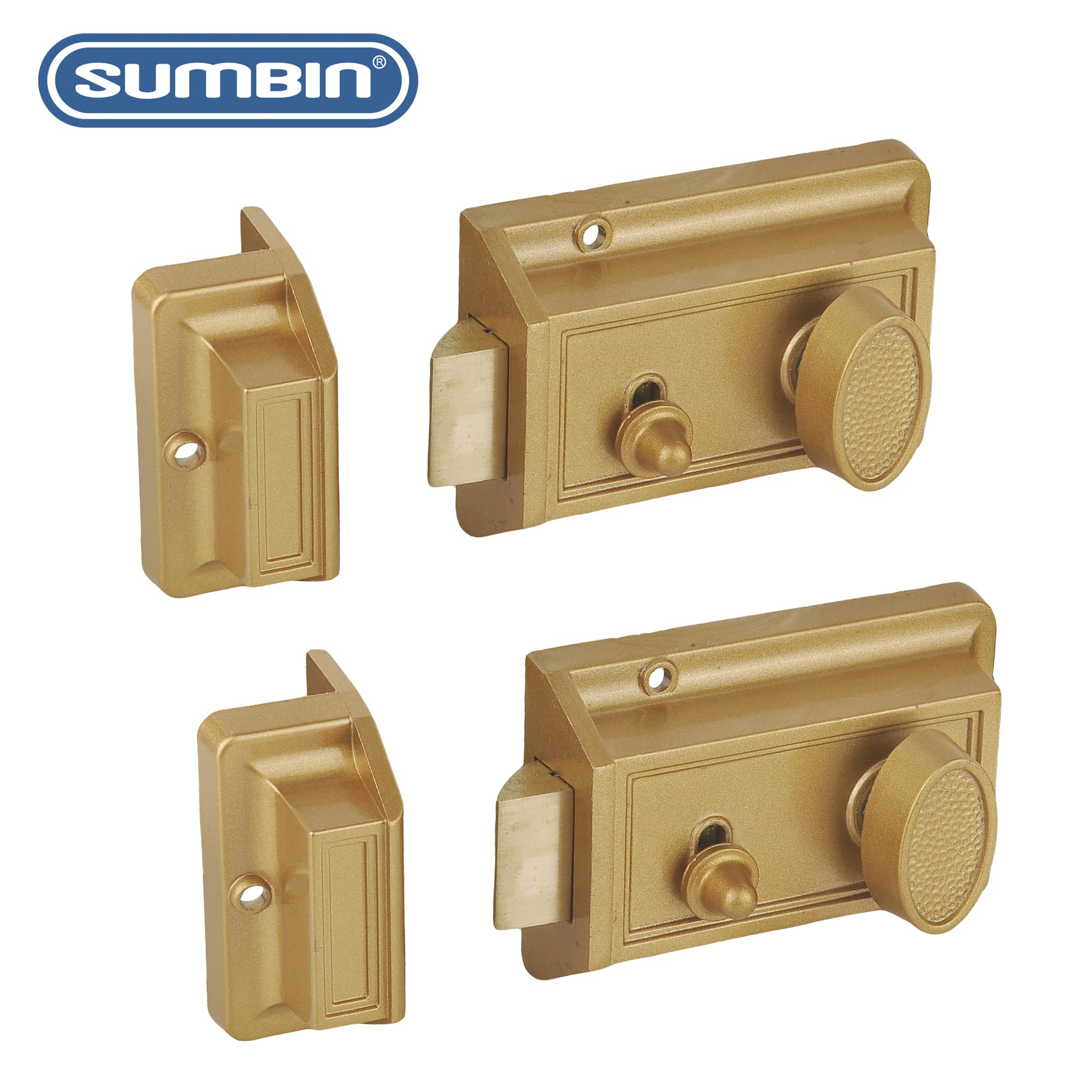 SUMBIN Night Latch Deadbolt Rim Lock,Antique Locks with Keys for Front Door,Gold Finish 2 Sets