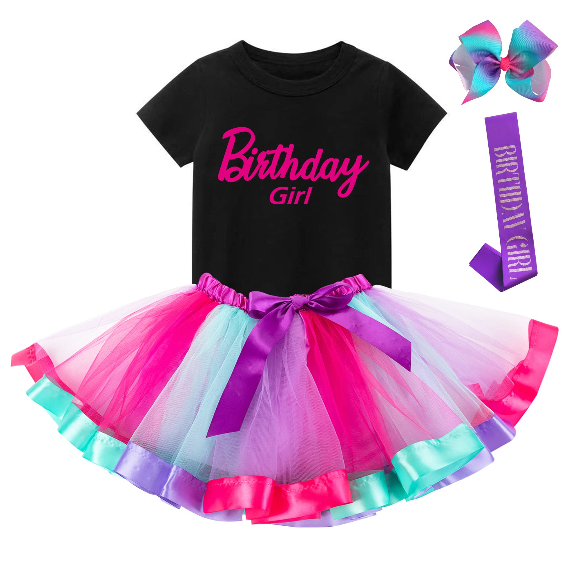 K-Acc Pink Birthday Girl Outfit - Shirt, Tutu Skirt, Hair Bow, Satin Sash - Gifts for Girls Birthday Party