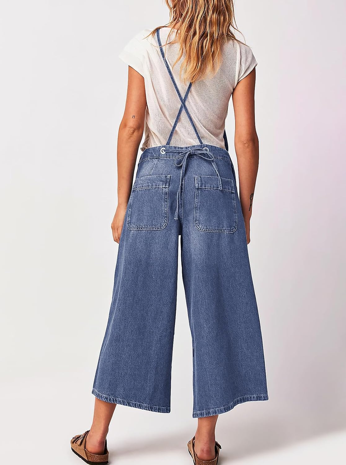 ebossy Women's Floral Denim Overalls Adjustable Spaghetti Strap Wide Leg Baggy Crop Jean Bib Jumpsuit Rompers
