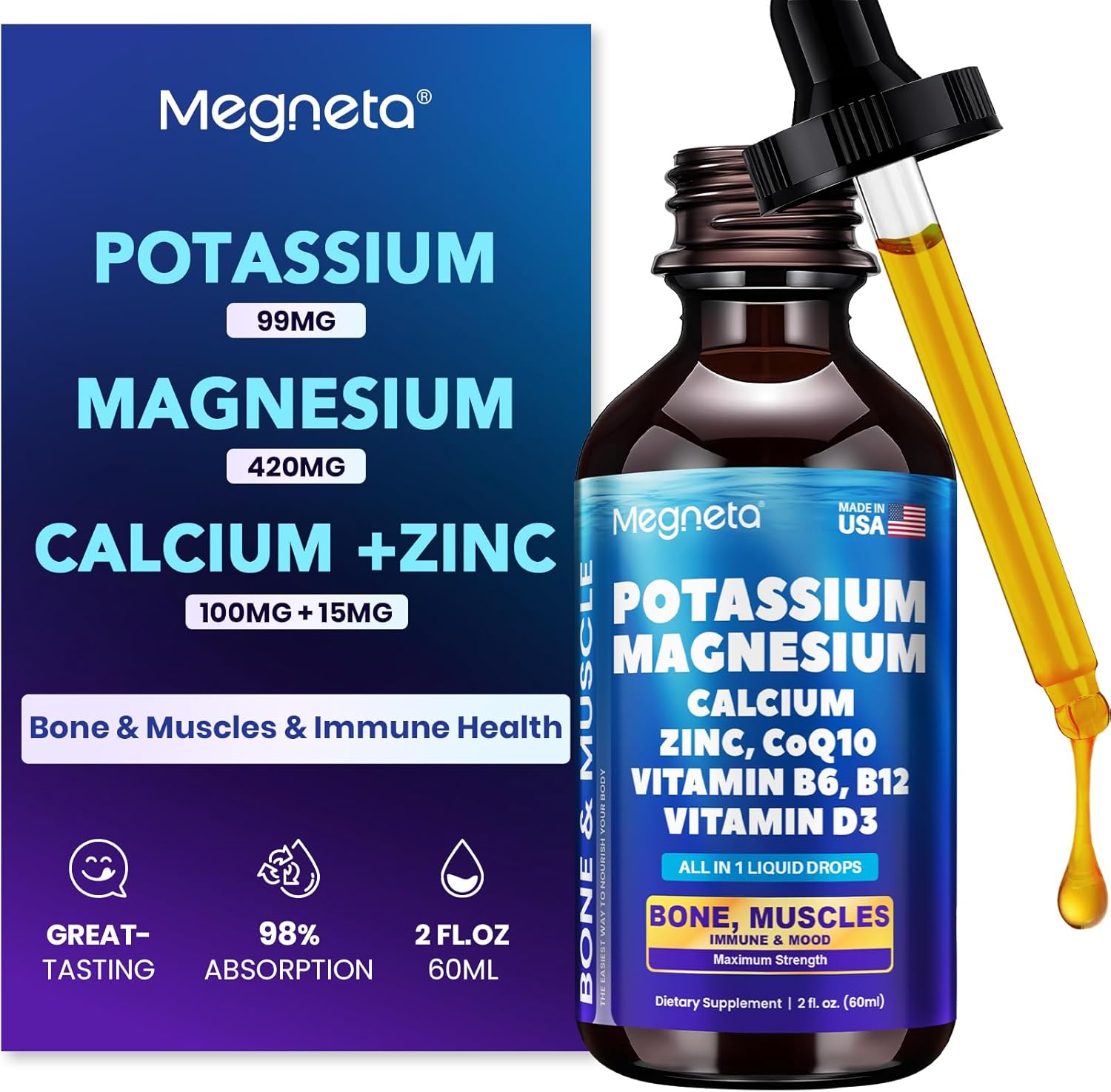 Potassium Magnesium Calcium Zinc Liquid Complex – Chelated Minerals with D3, B6, B12 & CoQ10 for Superior Absorption, Heart, Bone, Muscle, Sleep & Anti-Aging Support, 2 Fl Oz(60ml)