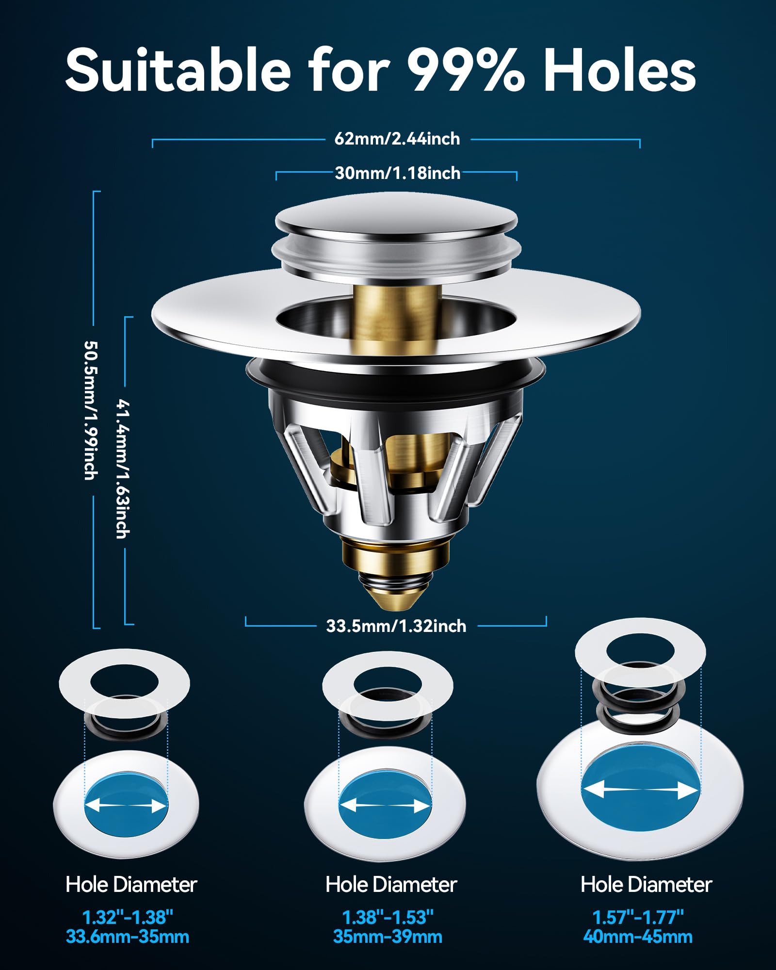 Magichome Tapón Lavabo, tapón de desagüe emergente para Lavabo, tapón de Acero Inoxidable Orificios de desagüe de 34-45 mm, tapón para Lavabo antiatascos con Filtro de desagüe, tapón para Fregadero