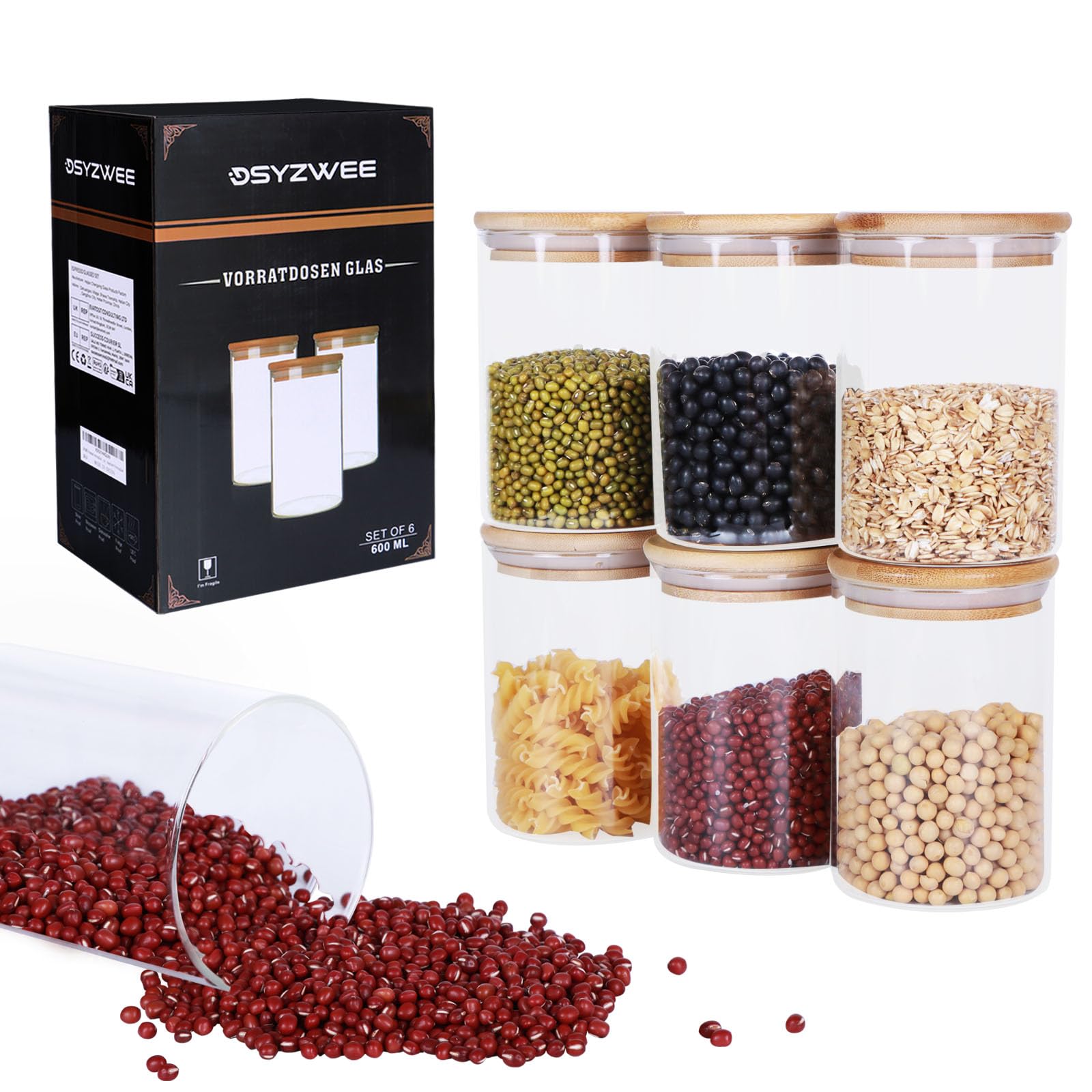 Juego de 6 tarros de cristal de 600 ml con tapa redonda, recipiente de cristal de borosilicato con tapa de bambú, recipiente de cristal para guardar ingredientes de cocina, para café, azúcar,