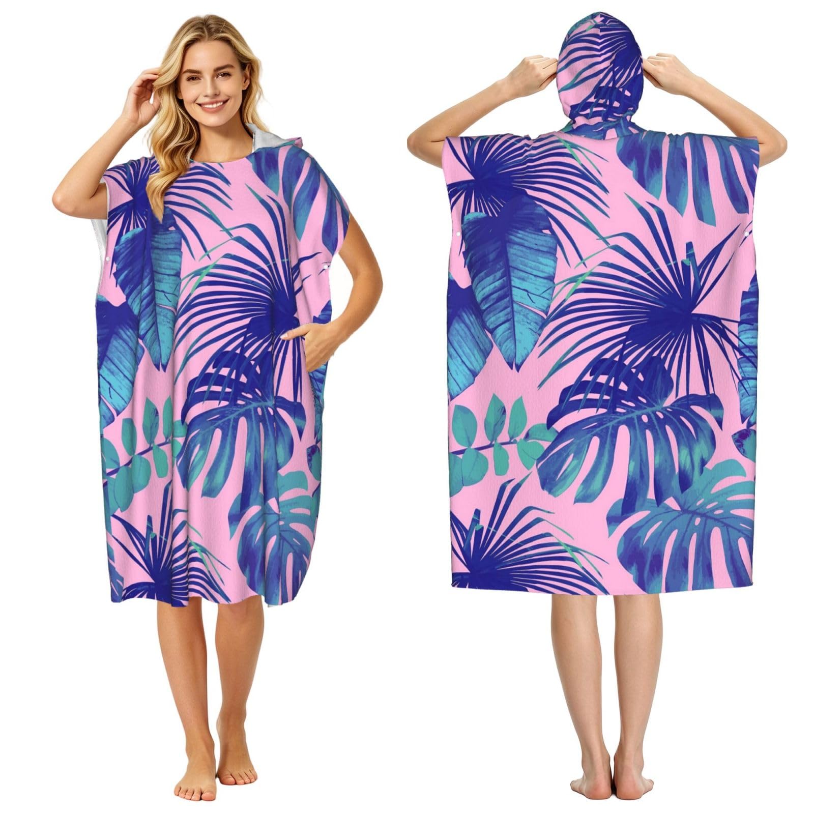 Poadnly Tropical Pink Print, Adult Hooded Beach Towel 90 x 110 cm,Changing Bath Robe, Surf Poncho Towel For Women Men