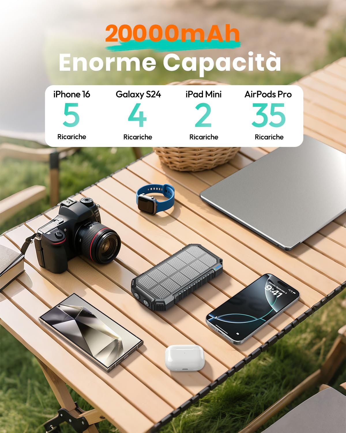 Power Bank Solar 20000mAh - 15W Caricatore Rapido Portatile 3 Cavi Integrati con Torcia LED - 5 Uscite, Caricatore Solare Cellulare per iPhone 17/16/15/14/13 e Android