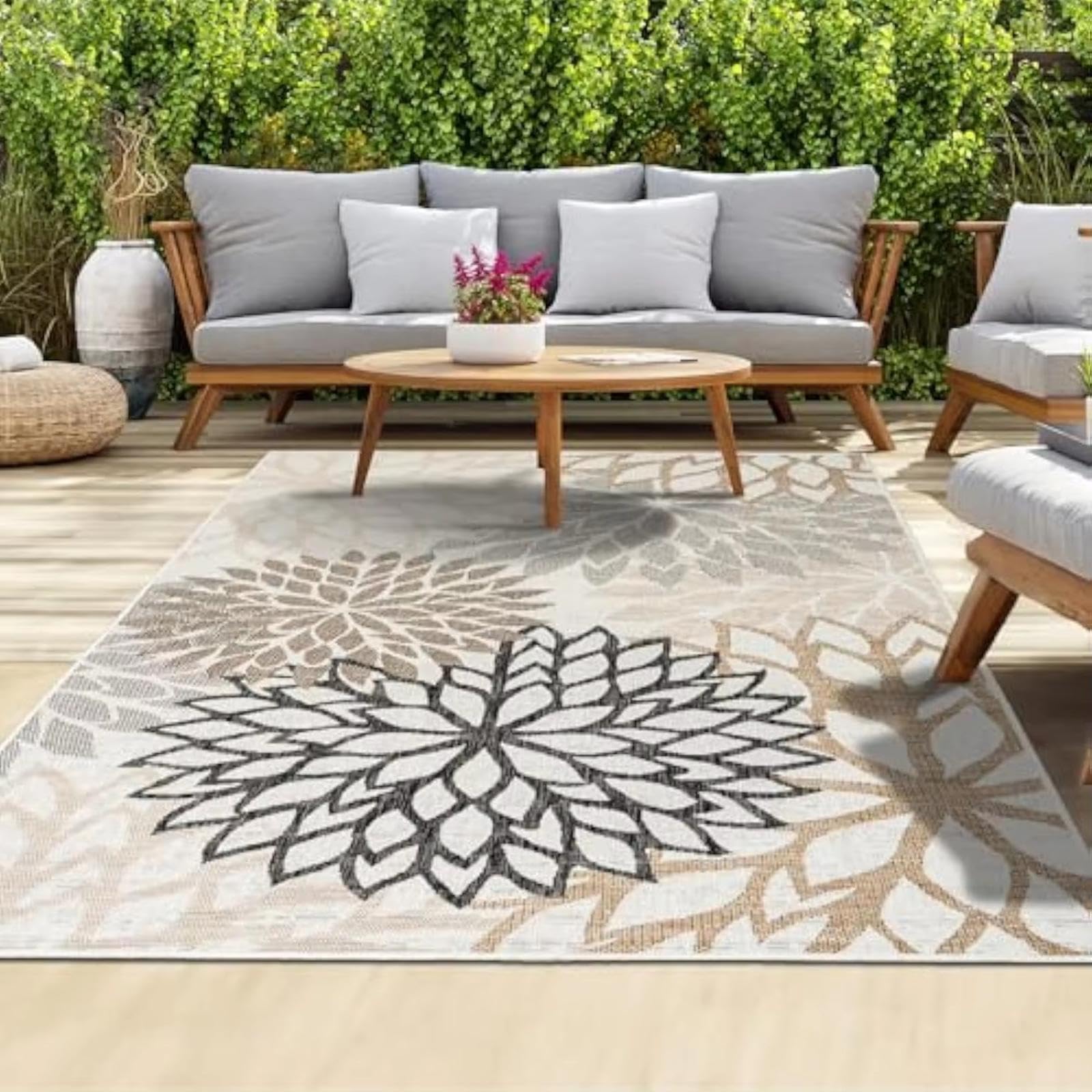 Tapis d'extérieur pour terrasse et jardin à motif de feuilles tropicales