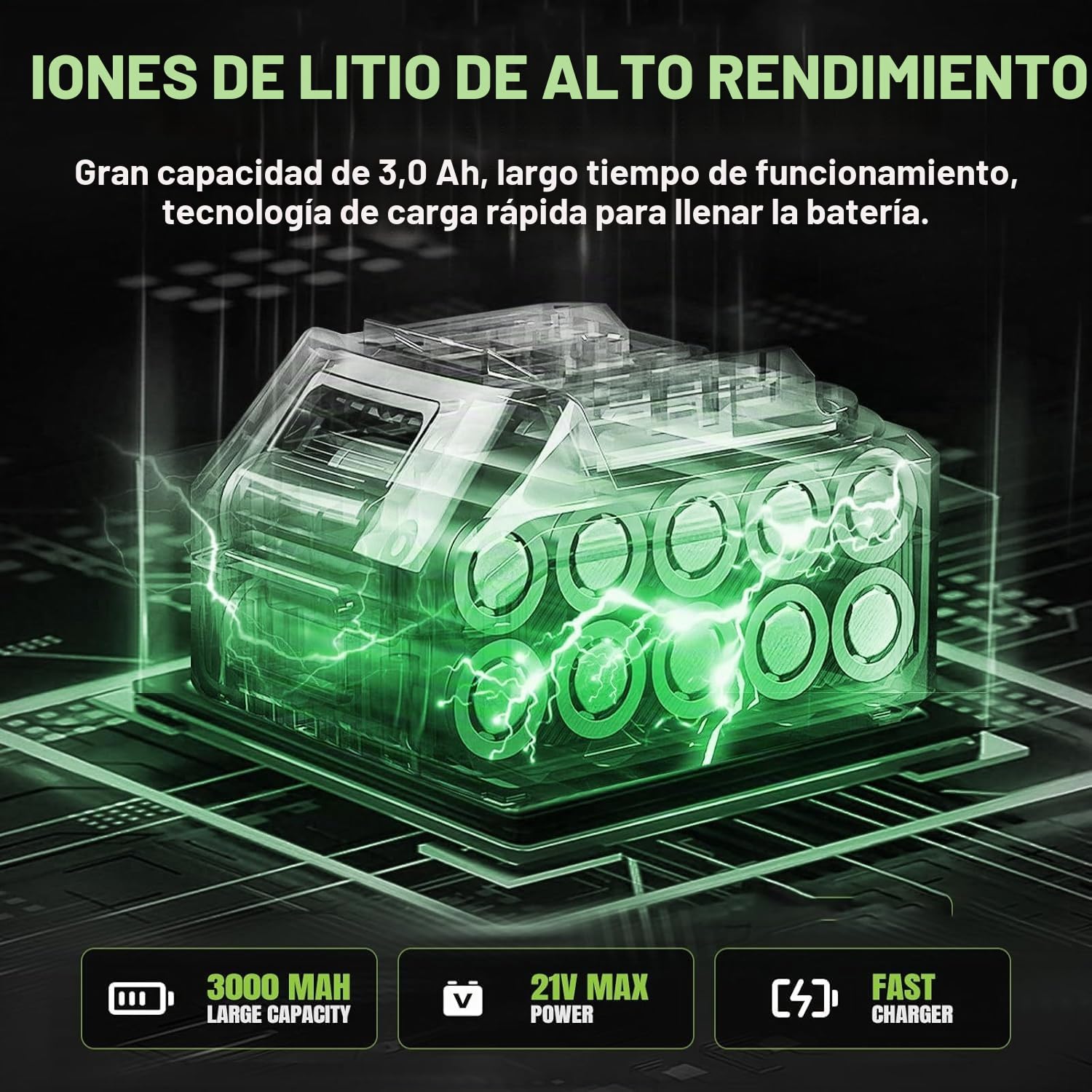 Soplador de hojas inalámbrico de 21 V, 3000 W, 100 MPH, con 2 x 3.0 Ah Batería y cargador, 5 modos de velocidad para el mantenimiento del césped, el soplado de la nieve y el desempolvado (1 batería)