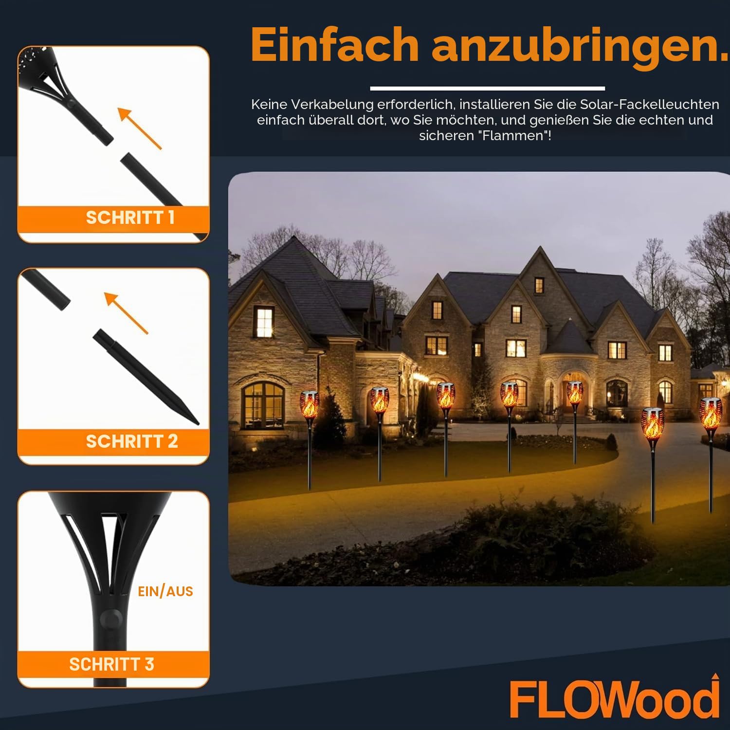 FLOWood Solarleuchten für Außen Garten 2 Stück, 96LED Solarfackeln 110cm Höhe, IP65 Wasserdicht, Automatische Ein/Aus