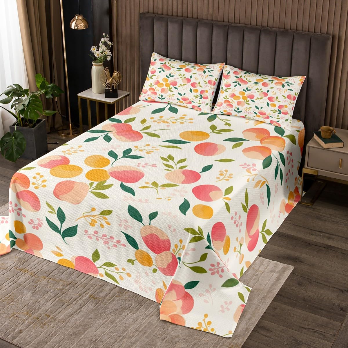 Homemissing Peaches Quilted Bedspread Kawaii Fruits Quilted Bedspread for Kids Boys Girls Fresh Pink Peaches Coverlet Set Cartoon Fruit Quilted Room 2Pcs Single — image 1