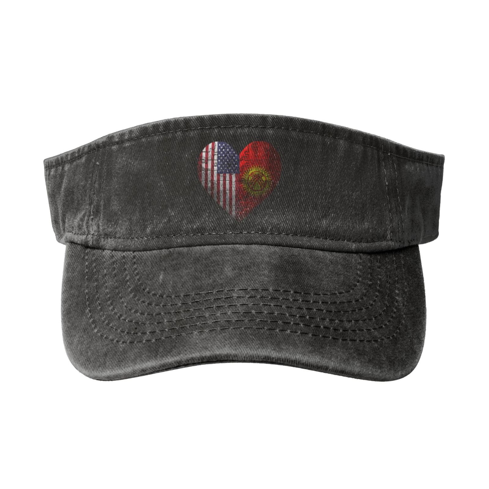 Sun Visor Hats Love Heart Puzzle America Kyrgyzstan Flag Adjustable Ball Caps Empty Top Baseball Running Tennis for Men Women Outdoor Travel Beach Black