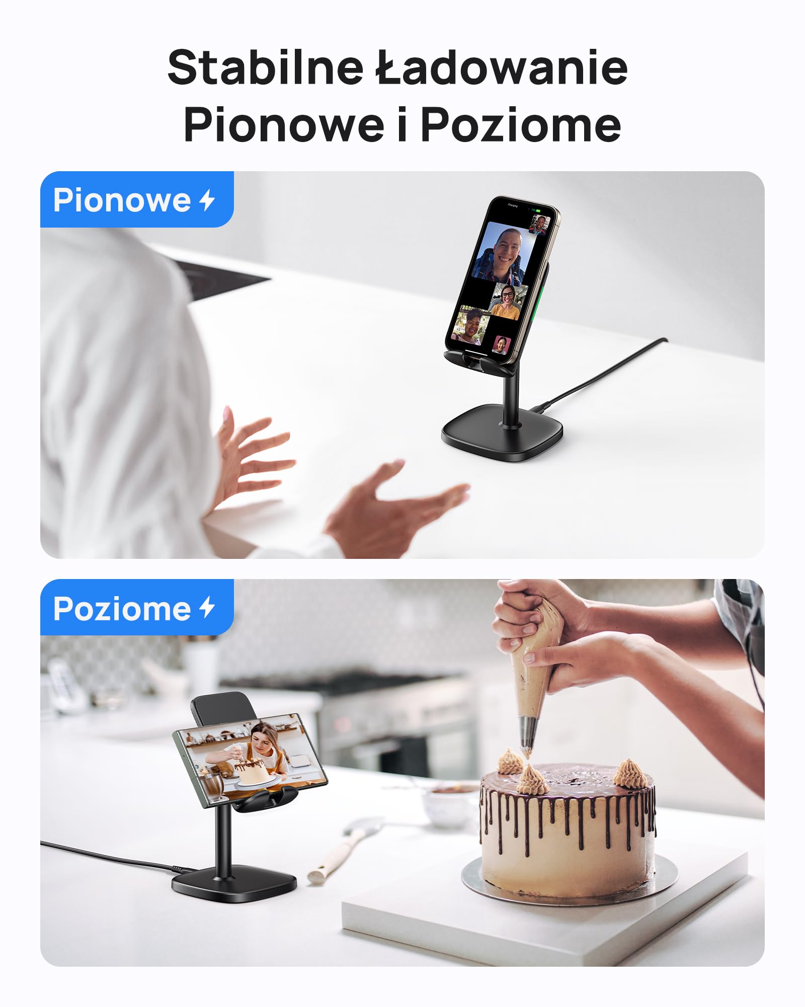 INIU Bezprzewodowa Ładowarka Stojąca, 15W Indukcyjna Szybkiego Ładowania, Stacja Ładująca z Adaptacyjnym LED i Regulowanym Uchwytem dla iPhone 16 15 14 13 12 Samsung Galaxy S25 S24 S23 Google Pixel LG