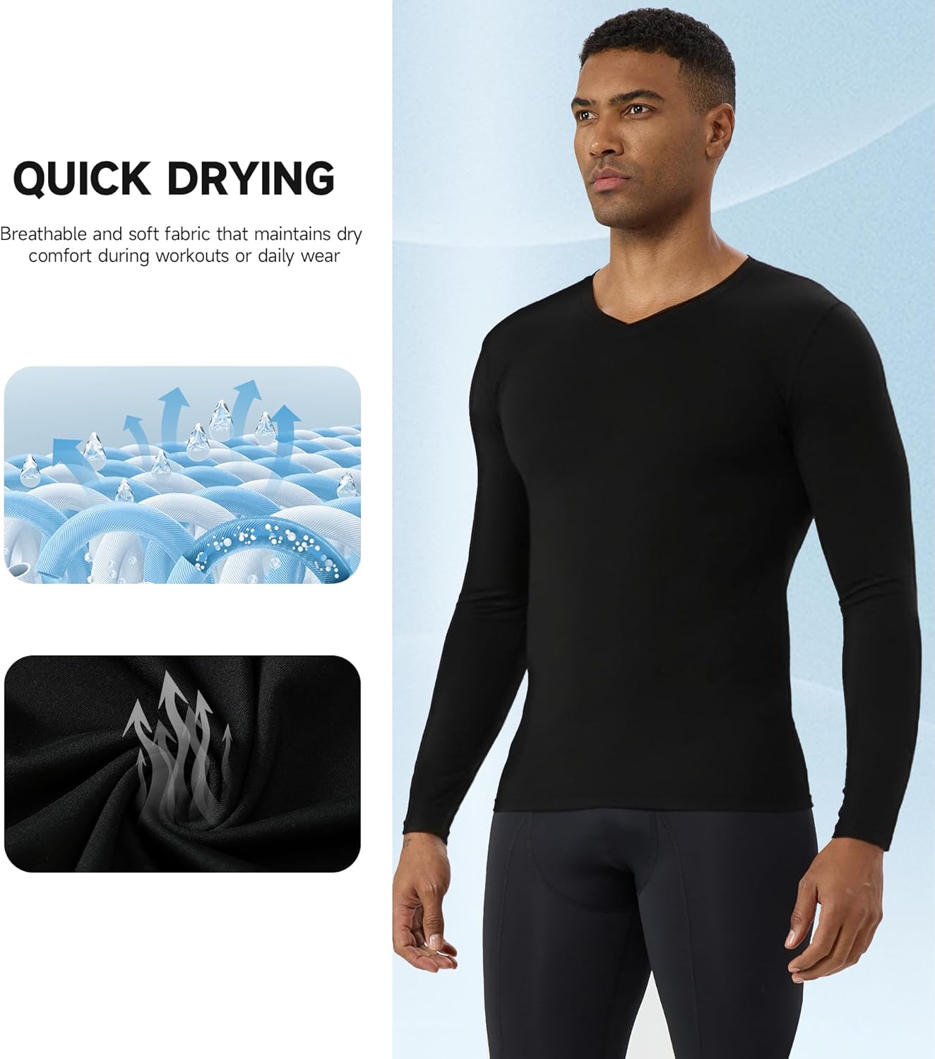 Men's Compression Shirt V Neck Long Sleeve Workout Shirts Cool Dry Fit Athletic Base Layer Tops - Image 5