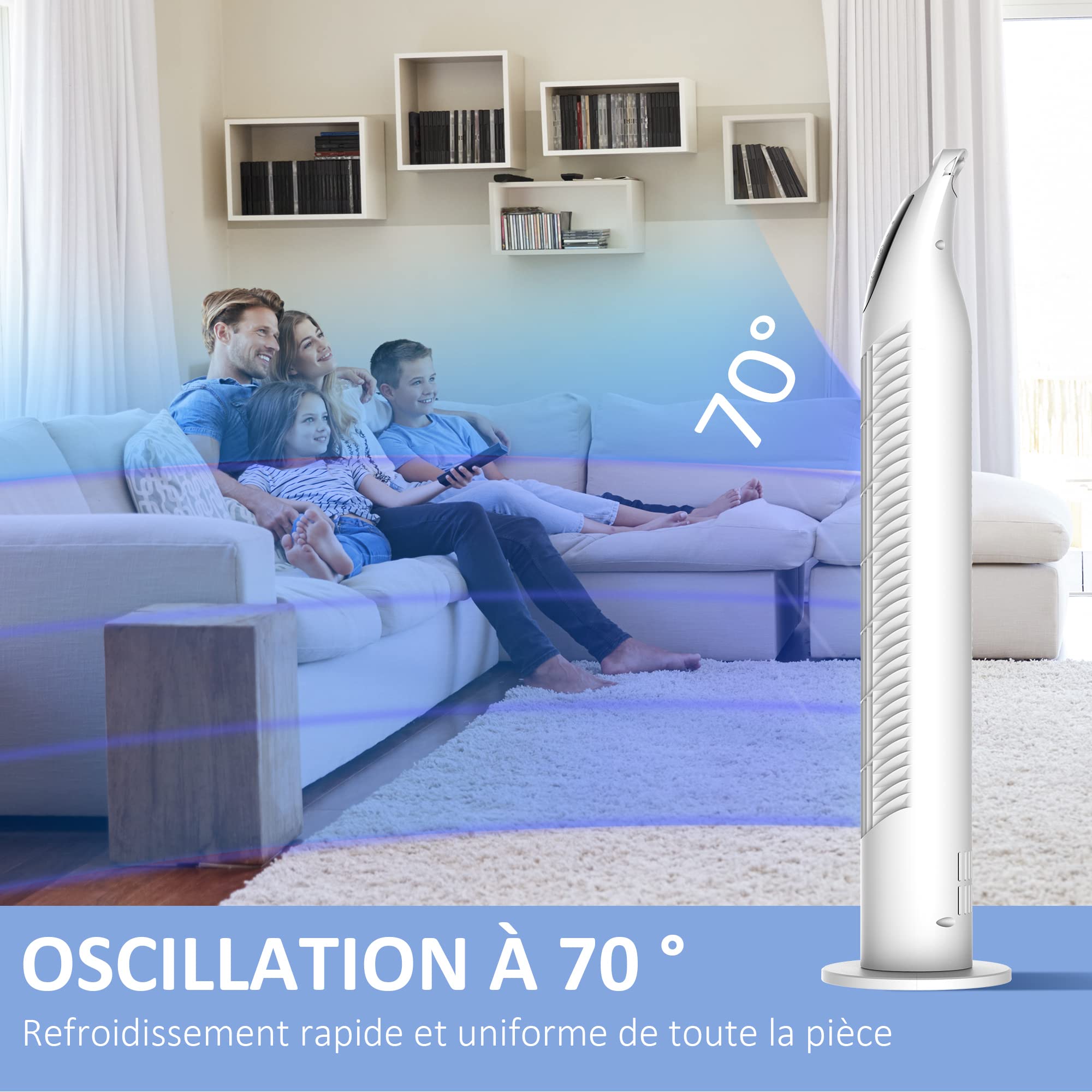 HOMCOM Ventilateur colonne silencieux 40 W, ventilateur tour pour chambre avec 3 modes 3 vitesses, télécommande, oscillant 70°, minuterie et contrôle tactile, 78,5H cm blanc