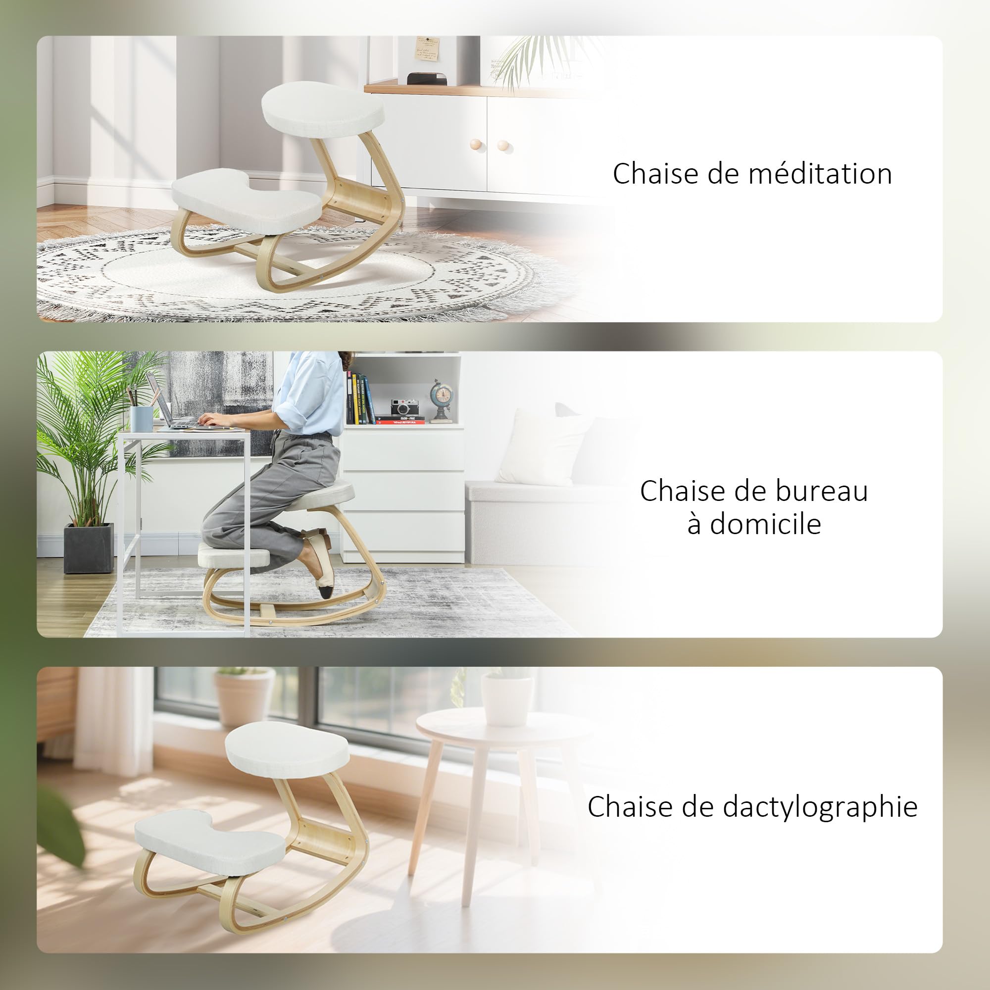 HOMCOM - Asiento de rodillas, asiento ergonómico de madera, mecedora, silla de rodillas, para oficina en casa, mejora la postura, dolor de espalda, crema