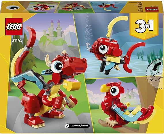 LEGO Creator Red Dragon 31145 – Birthday Gift Idea for Kids Ages 6 and Over, 3’ in 1 Creative Toy Making Set (149 Pieces) with Fish and Phoenix Model Options