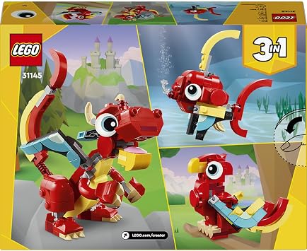 LEGO Creator Red Dragon 31145 – Birthday Gift Idea for Kids Ages 6 and Over, 3’ in 1 Creative Toy Making Set (149 Pieces) with Fish and Phoenix Model Options