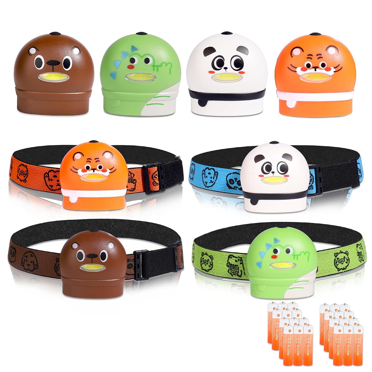 KunHe 8 Pack LED Kids Headlamp - Adjustable Animal Design, Plastic, Model H4-8,