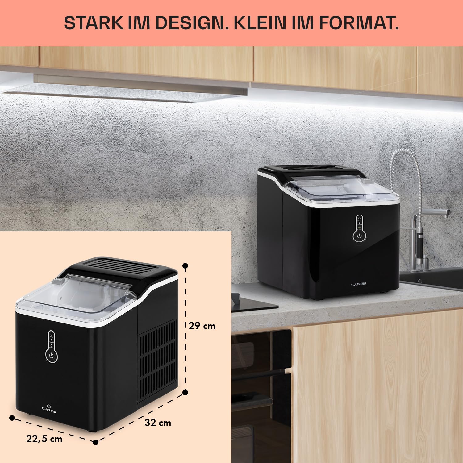 Klarstein Eiswürfelmaschine Klein, Chill Out 1,5L Eiswürfelmaschine für Große Eiswürfel, Schnelle Mini-, Leichte Reinigung, 12kg Eis pro Tag