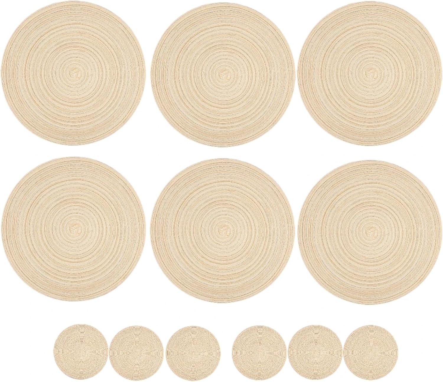 12pcs Round Braided Table Mat Washable Placemats Anti Slip Dining Tableware Bowl Pads Home Kitchen Decor Drink Cup Pad Coasters(Cream,12xMat 12xCoaster)