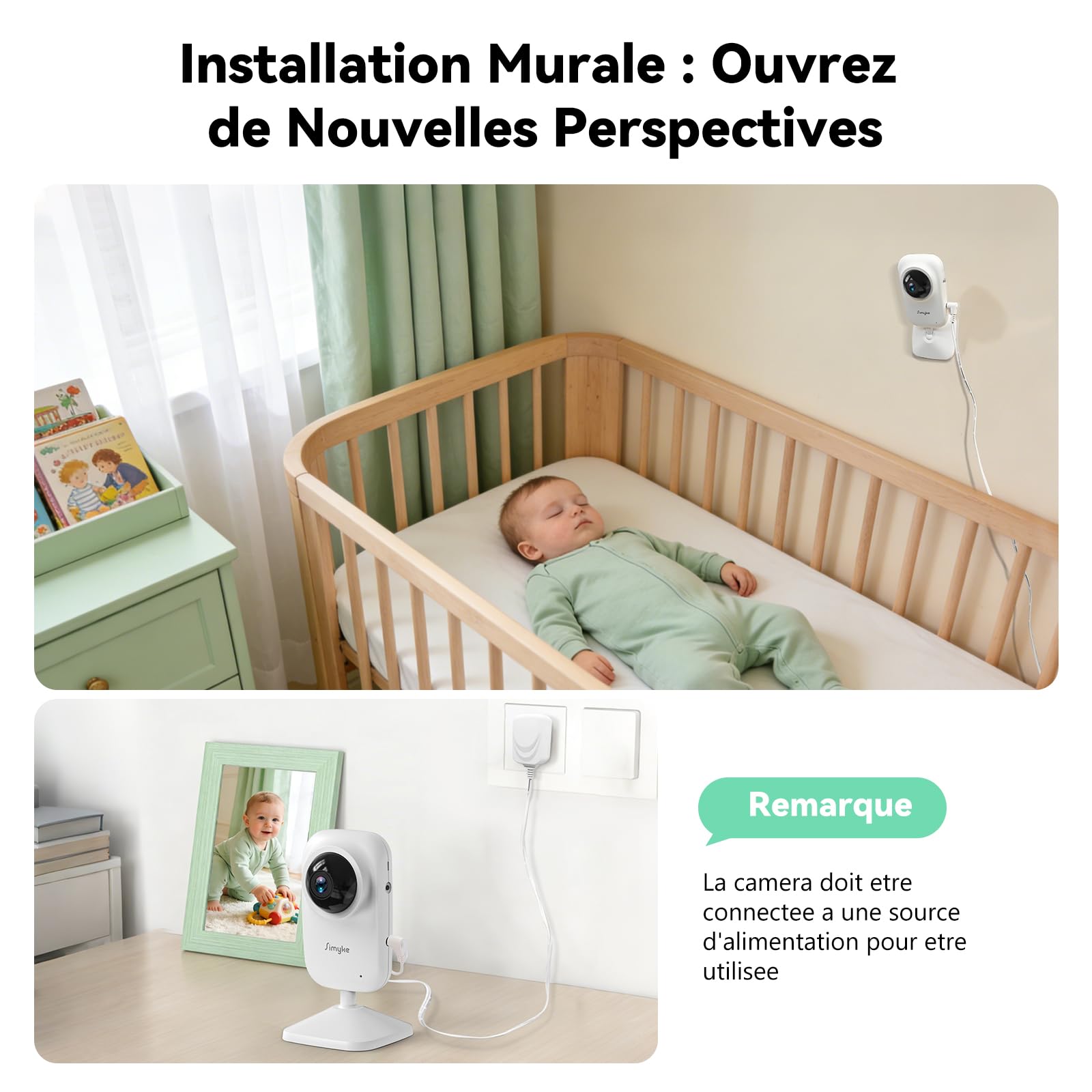 Simyke Babyphone caméra, écran IPS avec Connexion sans Fil directe, Liaison Smartphone WiFi, Vision Nocturne Automatique, Batterie 2500mAh, Mode VOX, Appel bidirectionnel, Partage Familial