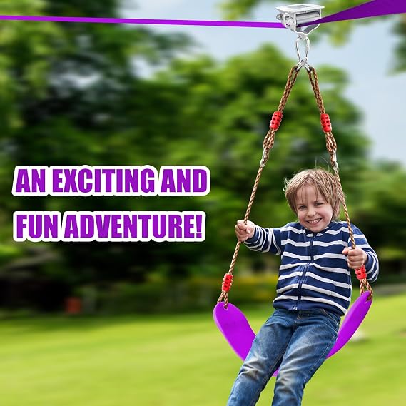 Zip ine Kit for Kids Outdoor,Stainless steellackline Pulley Slider with Swing seat Zip line,Kids Zipline kit for Backyard with 60ft Ninja Slackline Slackline Zipline