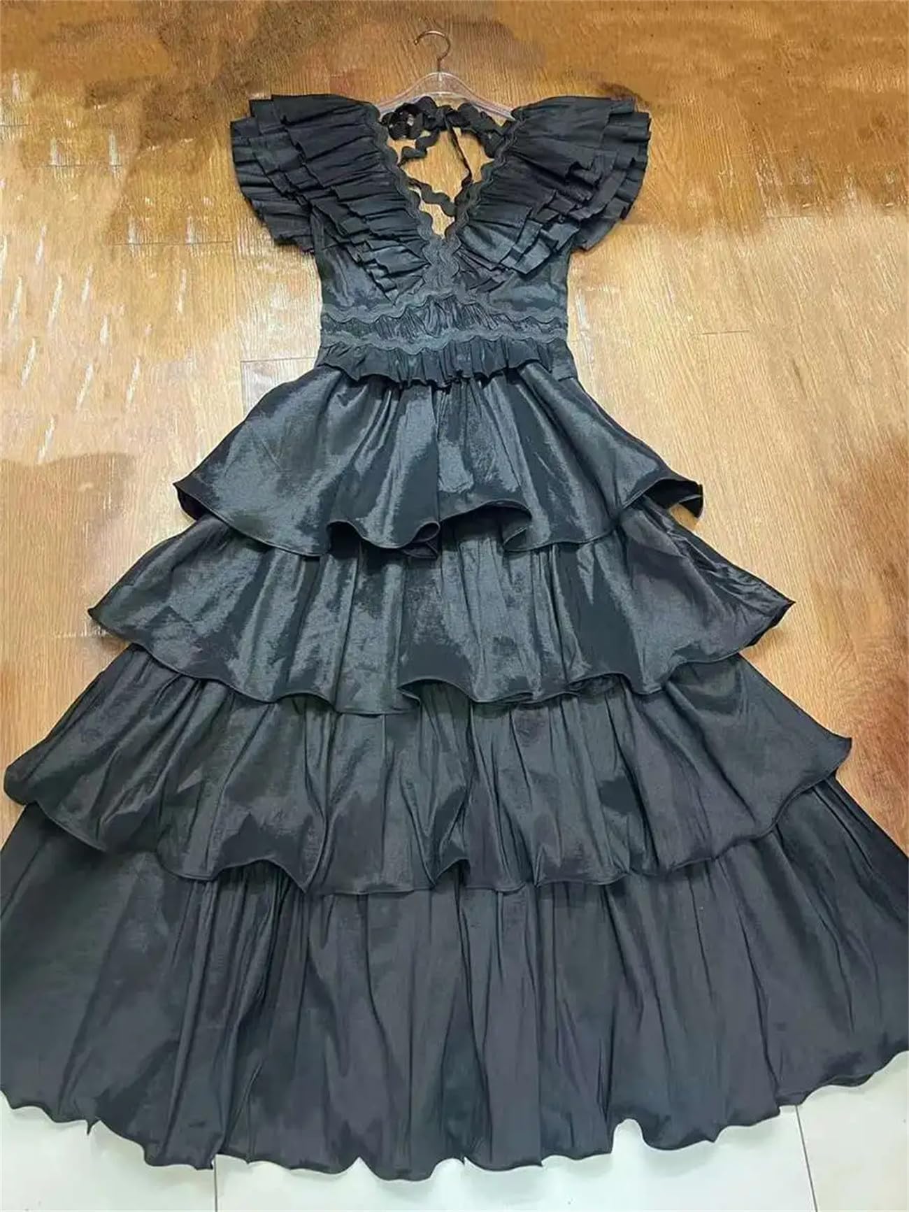Abiti da donna con volant patchwork solido per donna scollo a V senza schienale a vita alta impiombato abito in pizzo