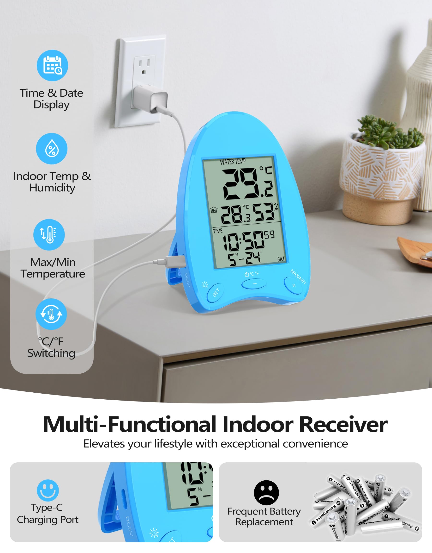 DeeprBlu 2026 Pool Thermometer Funk Solar, Poolthermometer Schwimmend mit Dynamische LED-Lichtshow & Duale Hintergrundbeleuchtung, 200 Meter Kabellose Übertragung, Poolthermometer Digital Funk für Spa