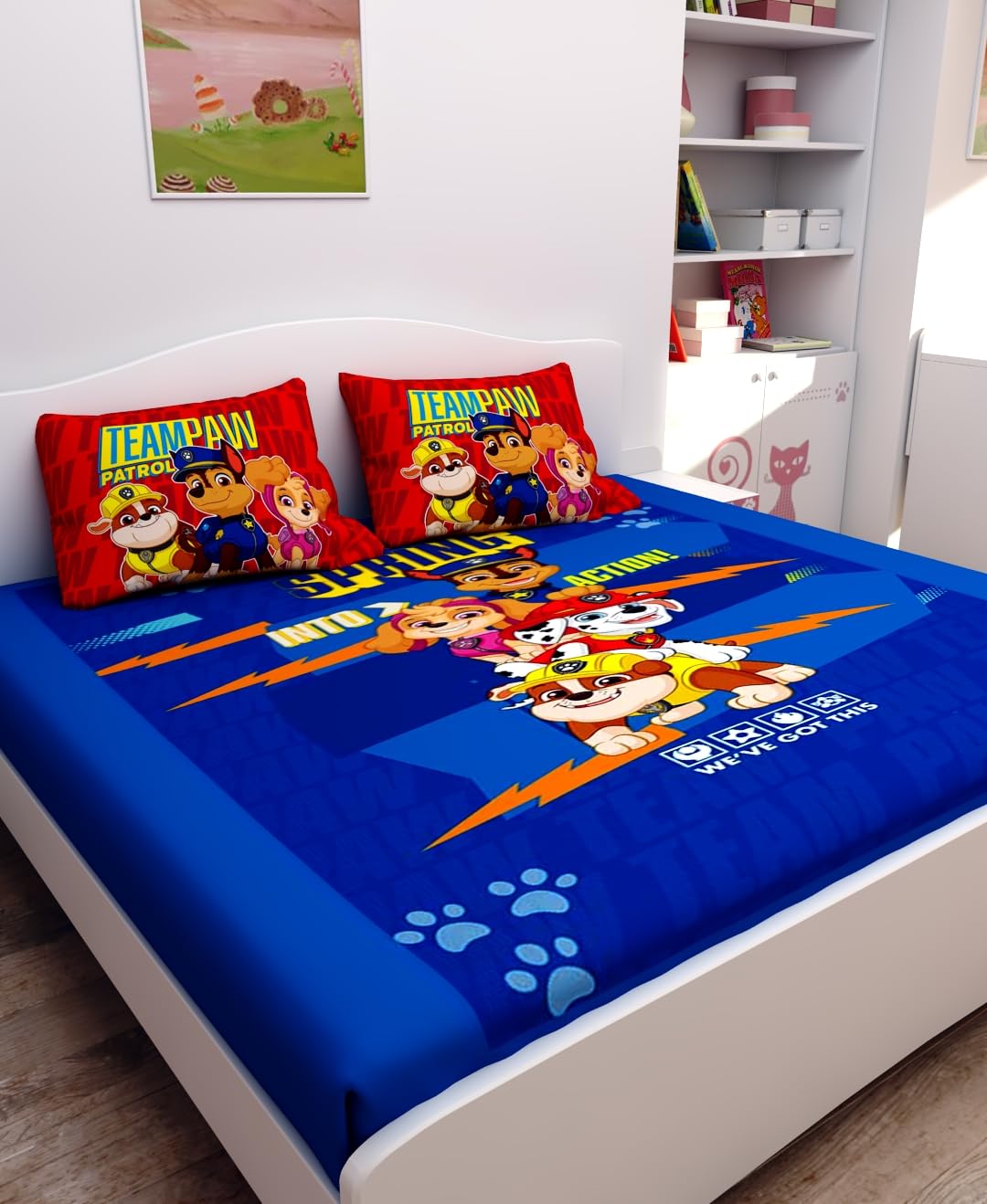 Athom Living Double Bedsheet Set | Cotton, Soft & Breathable Fabric | 270x270 cm Kids Bedsheet with 2 Pillow Covers | Vibrant Print, Perfect for Kids’ Room (Paw Patrol- Blue)