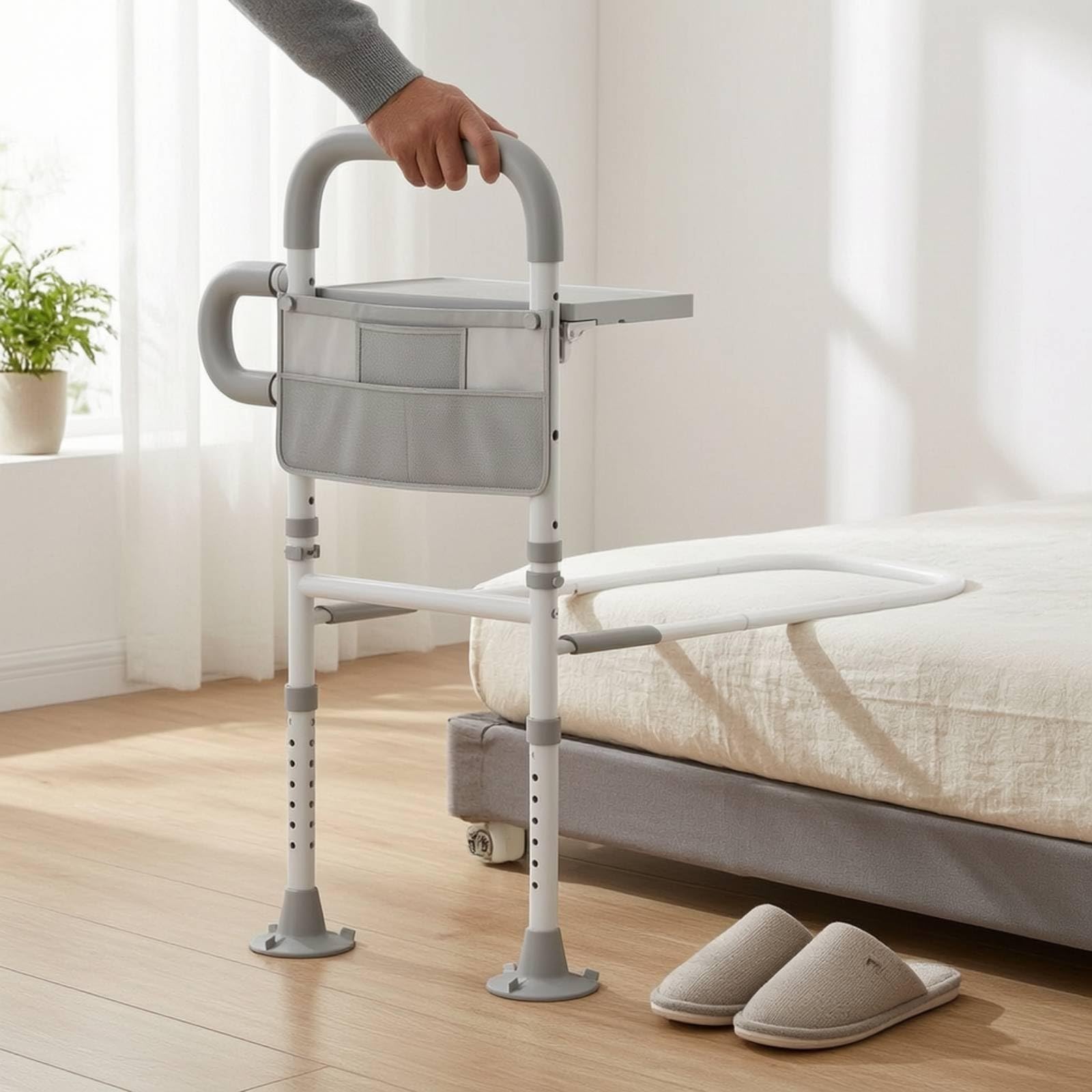 Milageto Sponda Letto di Sbarra Letto Maniglia Letto Corrimano Letto con Ripiano Pieghevole in Acciaio con Altezza Regolabile Tasca Frontale E Piedini a