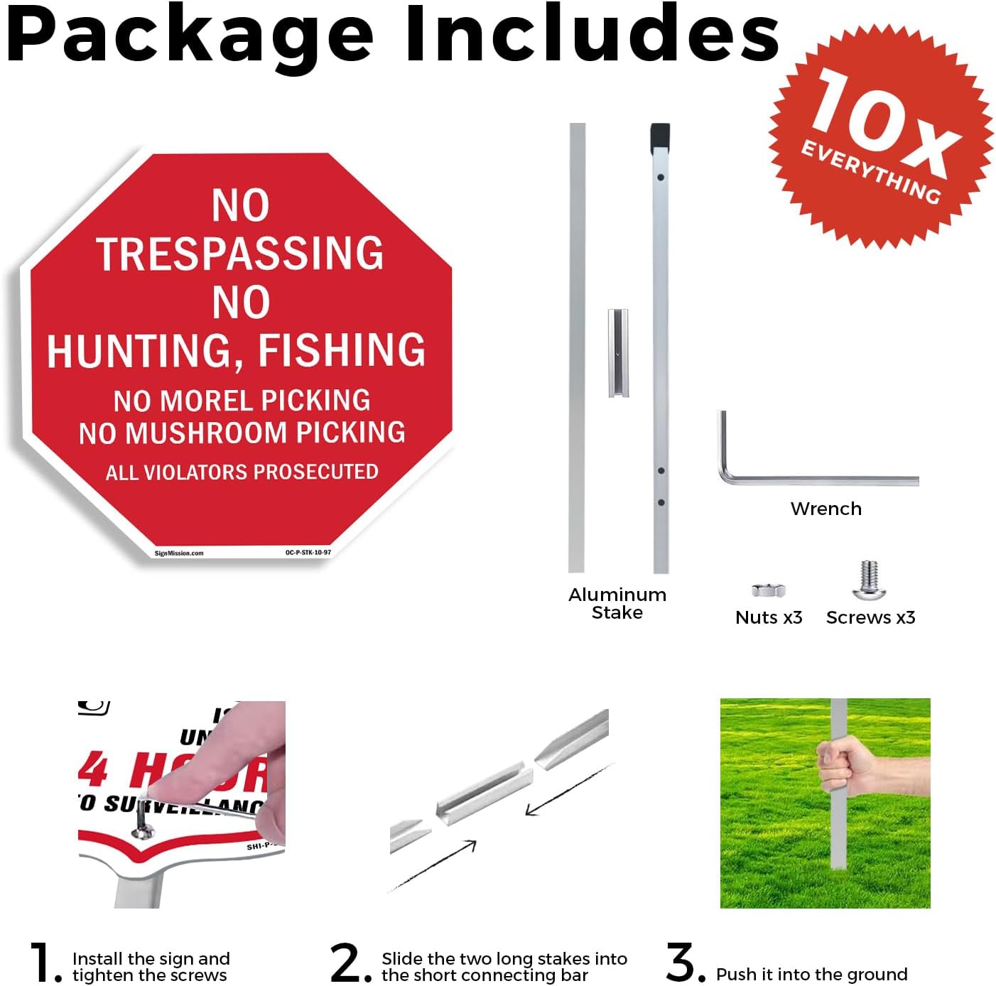 No Trespassing No Hunting Fishing No Morel Picking No Mushroom Picking All Violators Prosecuted (10 Pack) 10 inch X 10 inch Octagon Aluminum Metal Signs with Aluminum Mounting Stakes Weather Resistant