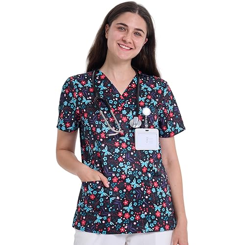 Scrub Tops for Women, V Neck Printed Scrub Tops, Medical Nursing Stretchy Shirts w/ 3 Pockets (Runs Small, Please Size Up)