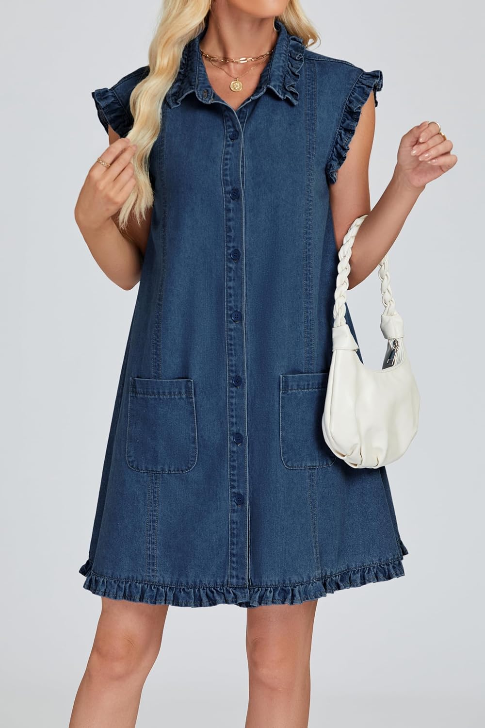 Denim Dress for Women Button Down Ruffle Sleeveless Blue Jean Dresses Summer Cute Short Mini Dress - Image 5