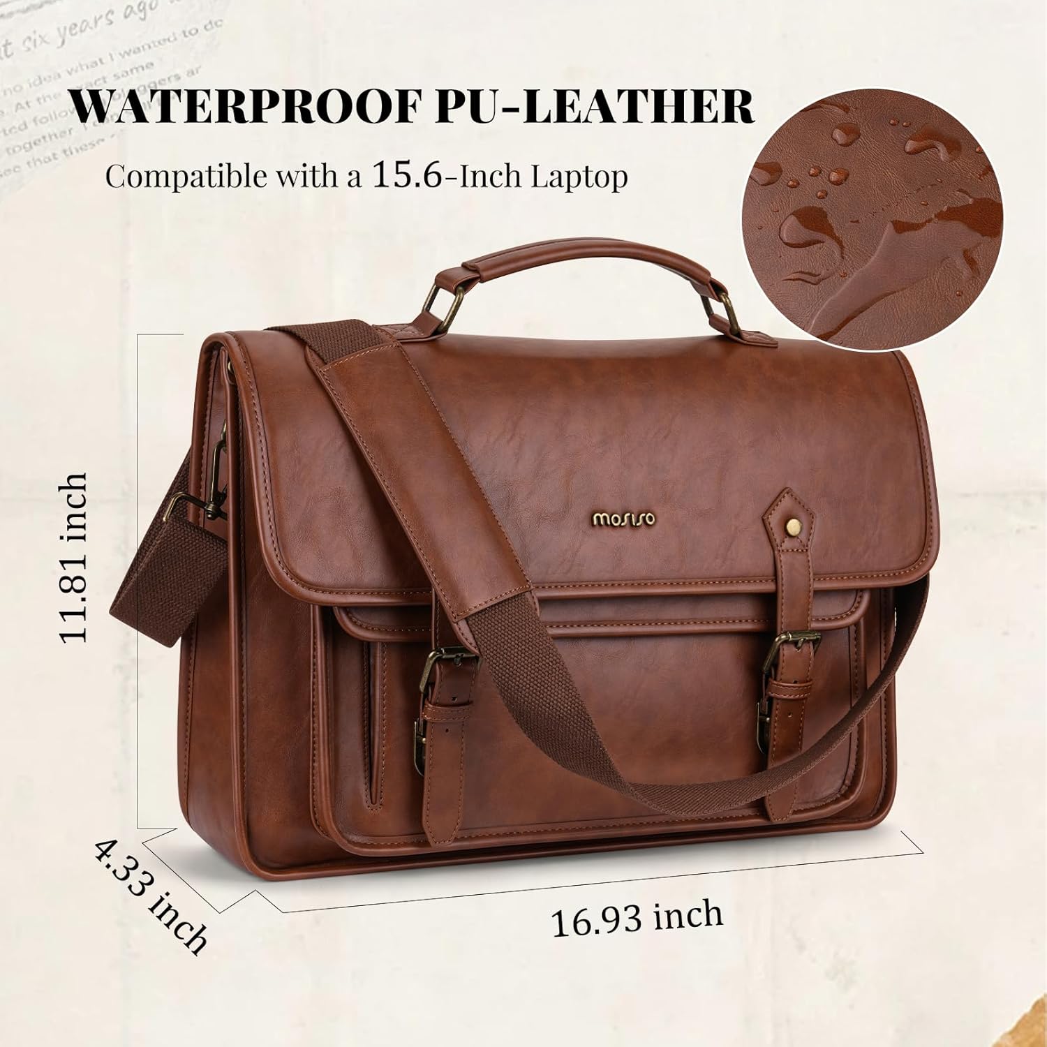 MOSISO 3 in 1 Laptop Bag, 15.6 inch PU Leather Shoulder Bag Briefcase Messenger Satchel Laptop Backpack, 15-16 inch Computer Bags Handbag Bookbag, Brown - Image 7