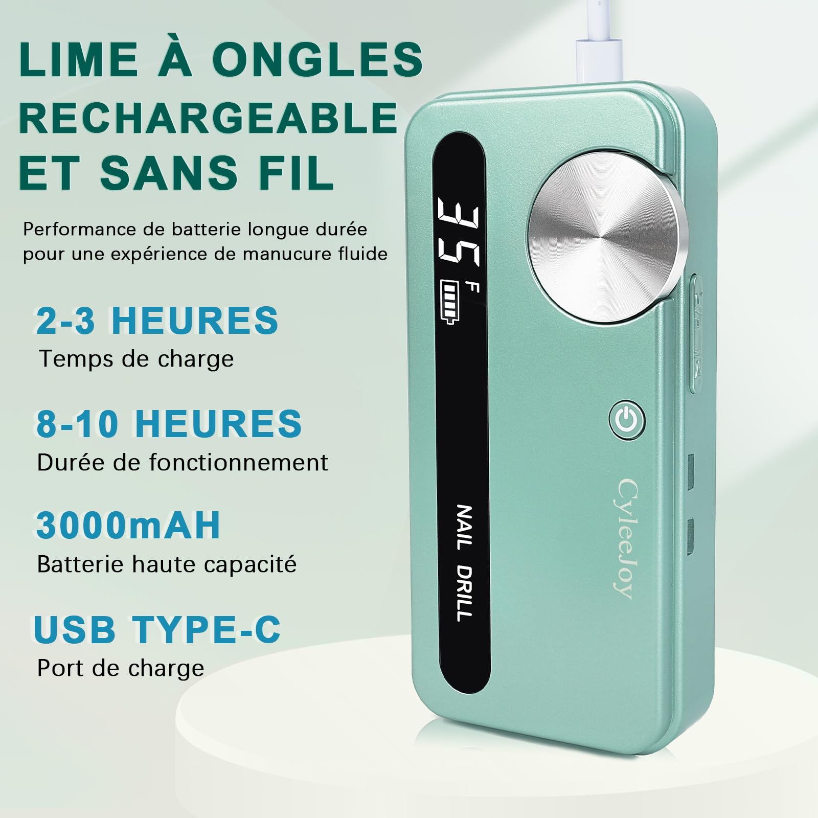 Ponceuse pour Ongles Professionnel 35000 RPM, 12 en 1 Lime a Ongle Electrique Portable, Ponceuse Ongle Sans Fil Rechargeable pour Acrylique/Gel, Machine à Ongles de Qualité Salon (Vert)