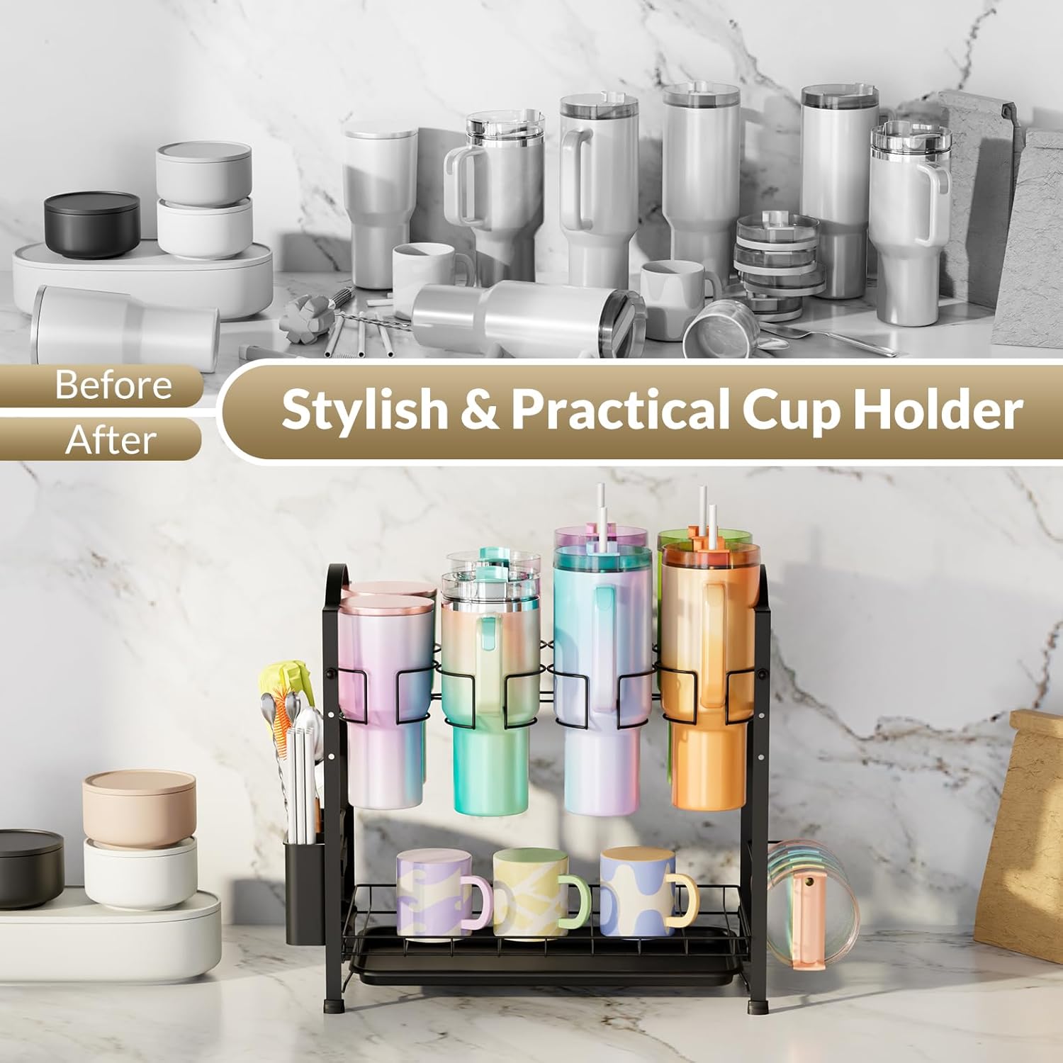 Stanley Cup Holder, Height Adjustable Water Bottle & Tumbler Drying Rack for Stanley, Owala and Other Brands, Tumbler Organizer for Kitchen Cabinet, Counter-top (Black)