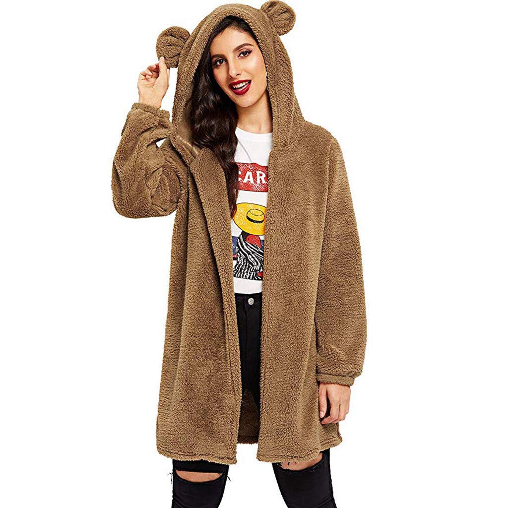 Womens Hoodies Long Sleeve Bear Ear Teddy Hooded Fleece Sweatshirt Cardigan  Coat